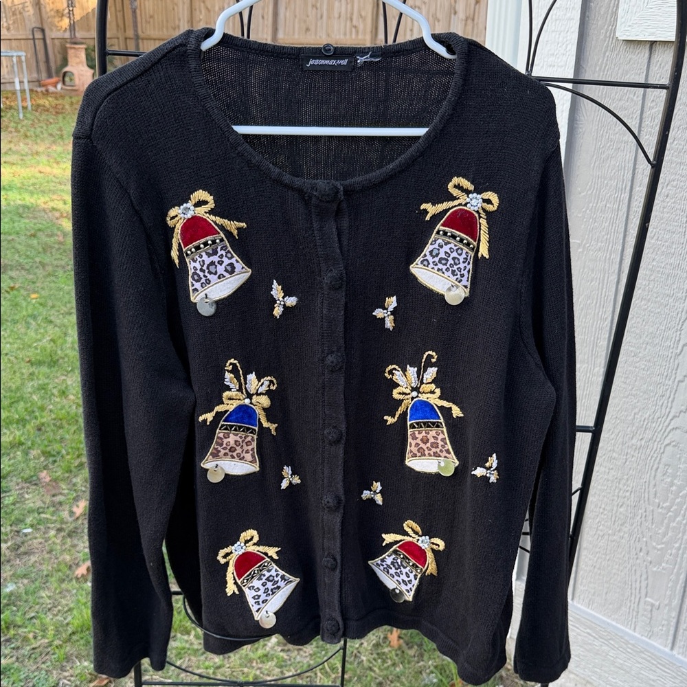Jason Maxwell Black Cardigan with Festive Bell Accents